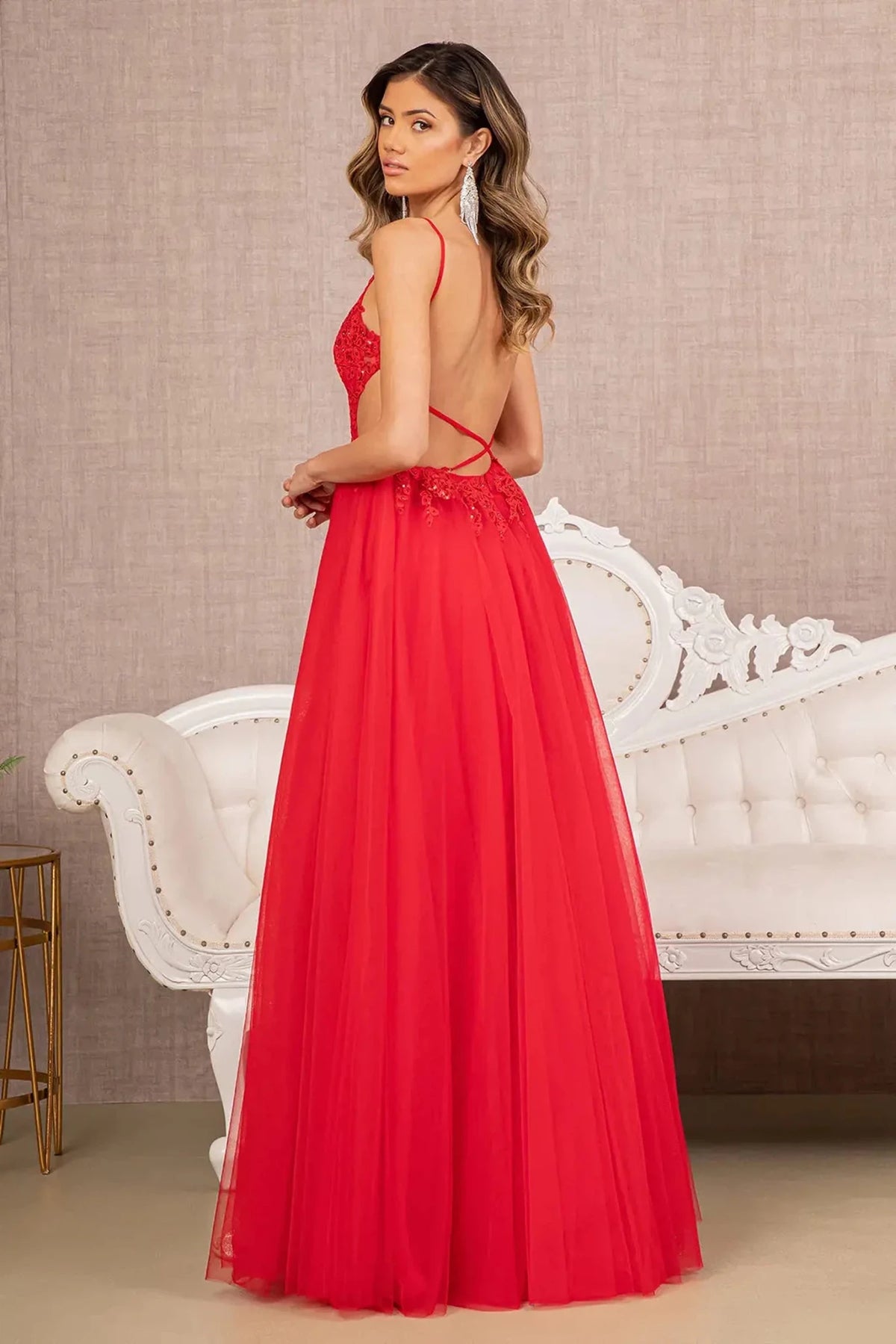 Red prom evening dress full back with open back