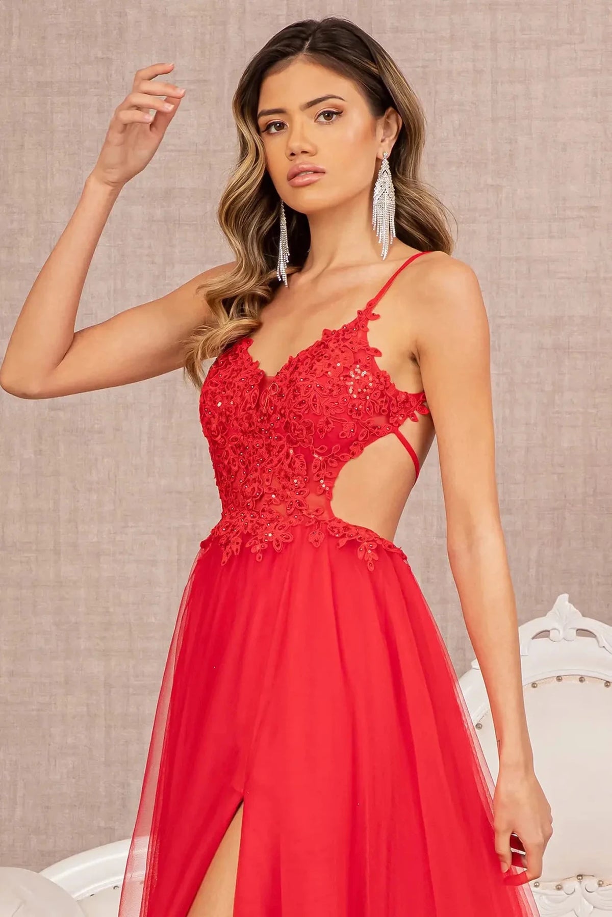 Red illusion v-neck prom evening dress upper front with applique, beads, embroidery