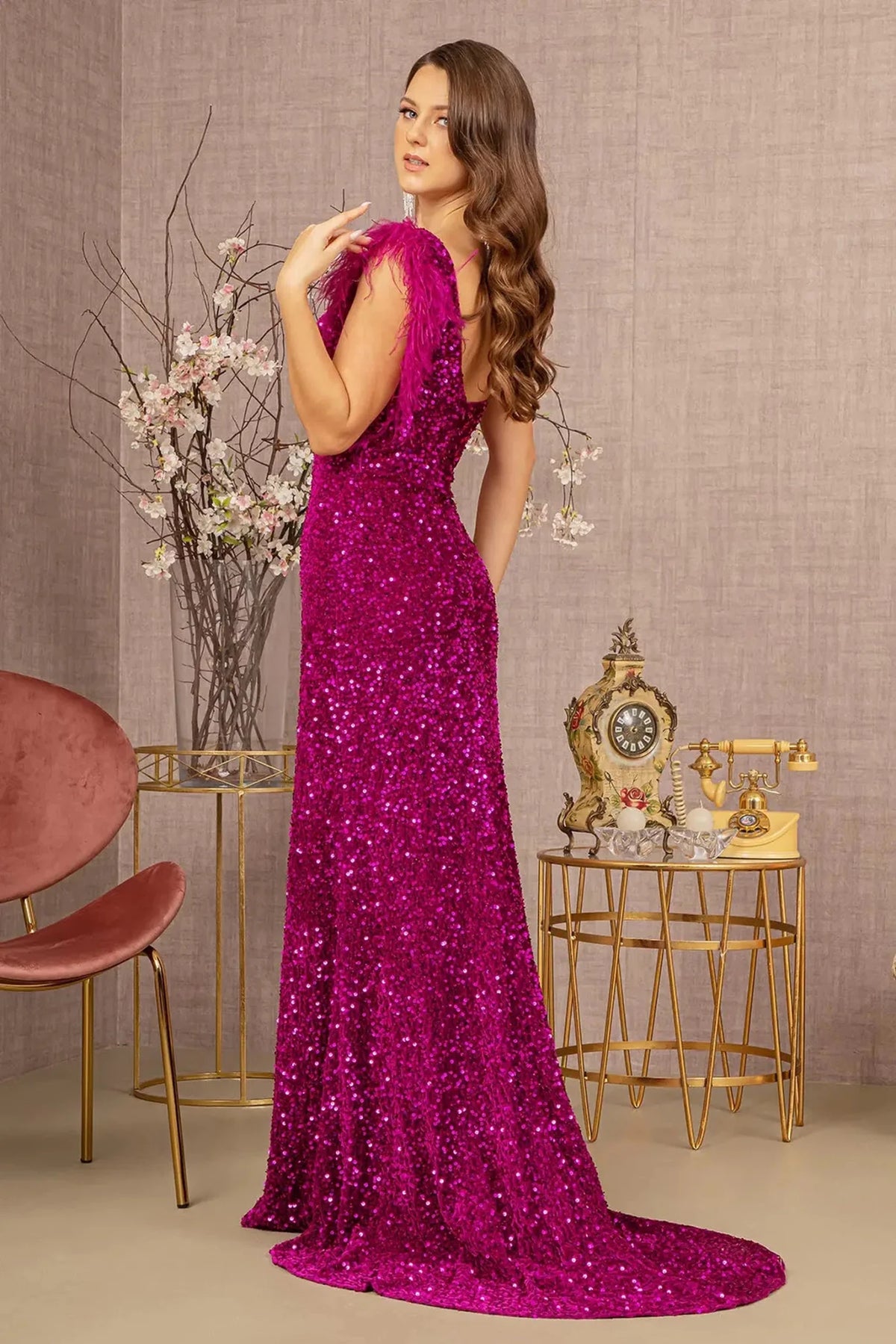 Magenta asymmetric prom evening dress upper front with feather, sequin