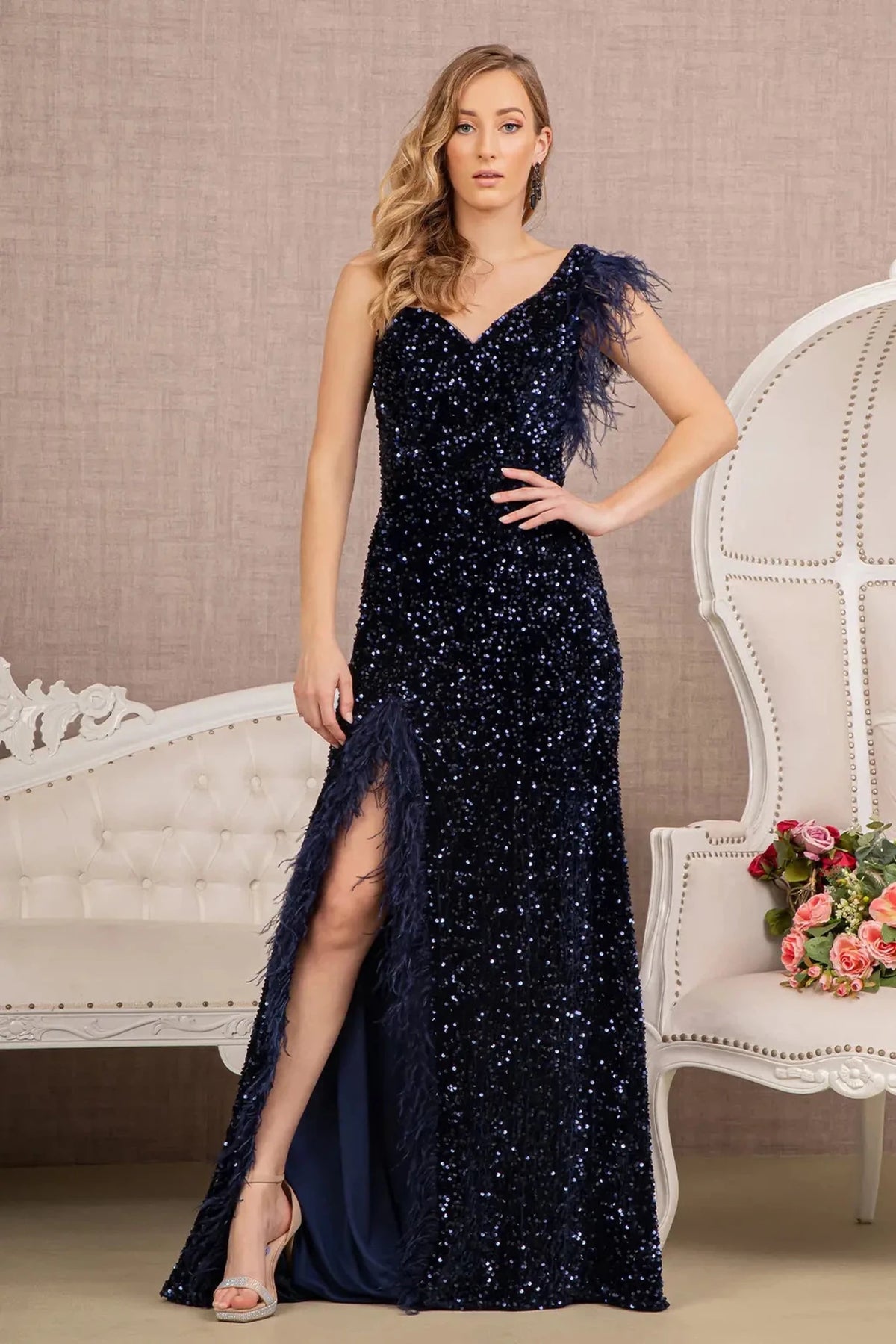 Navy feather-trimmed one-shoulder prom evening dress full front