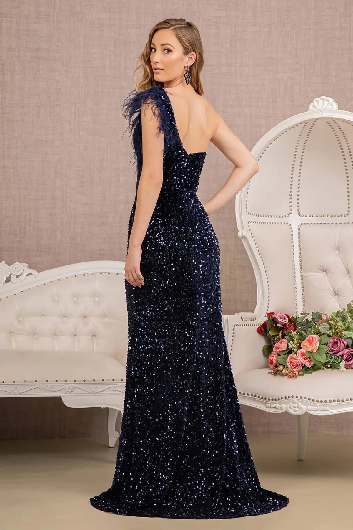 Navy prom evening dress full back with open back