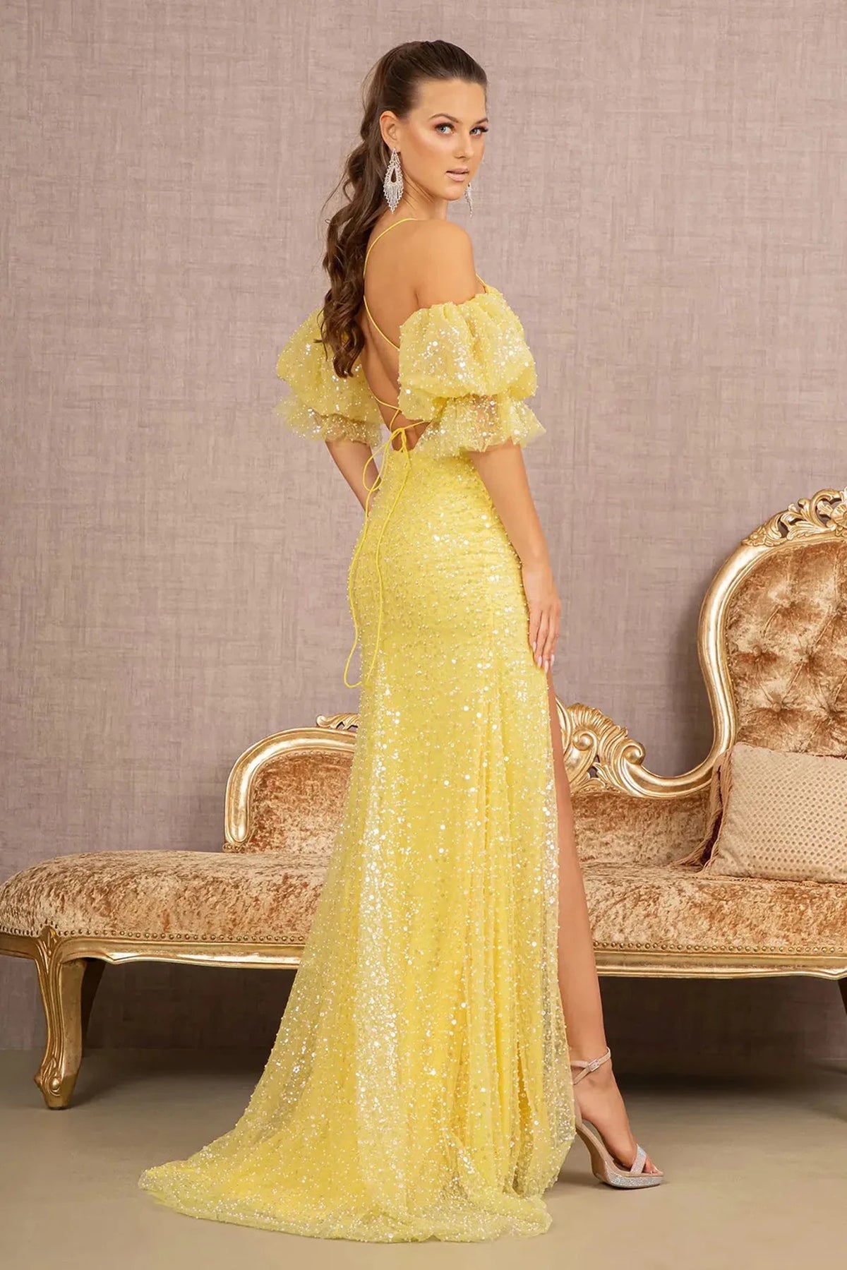 Yellow prom evening dress full back with lace-up back