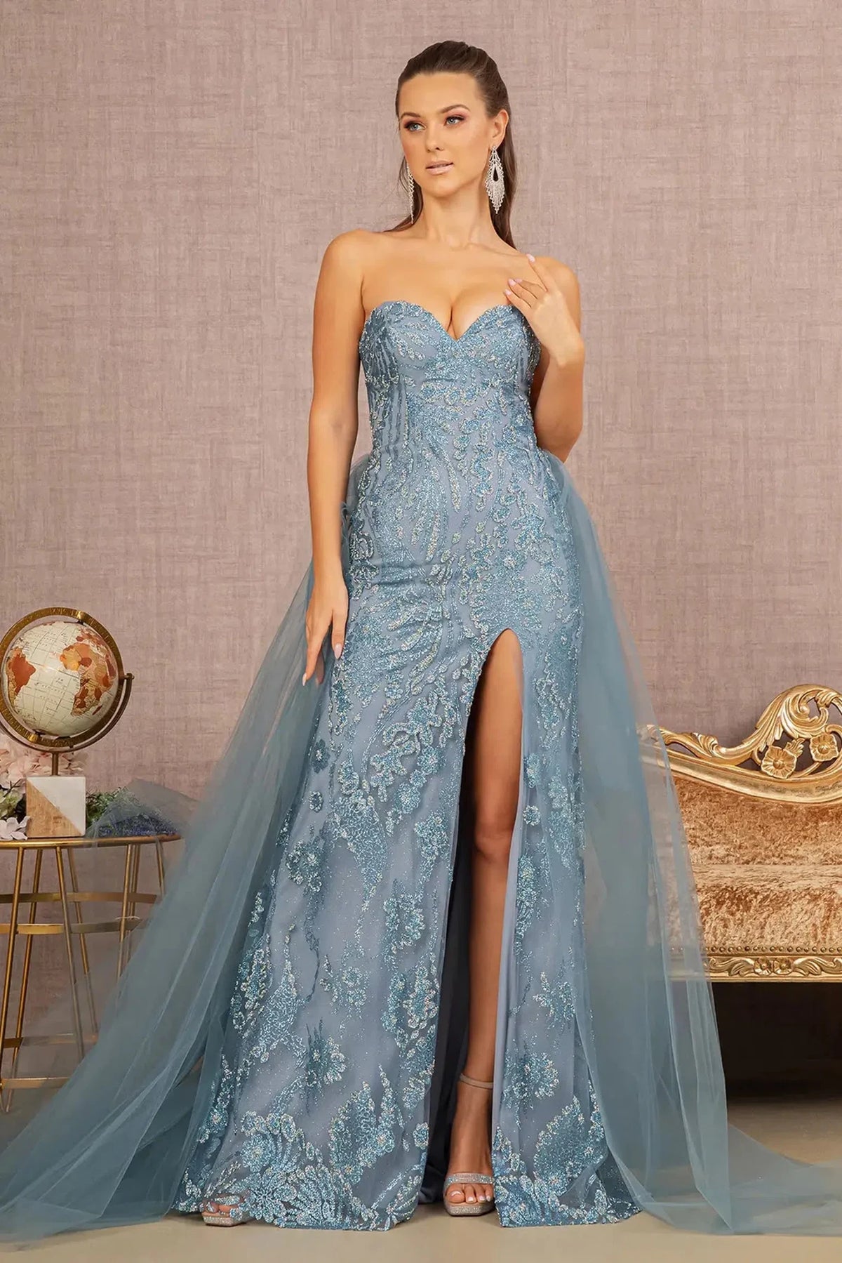 Smoky Blue beaded halter prom evening dress full front