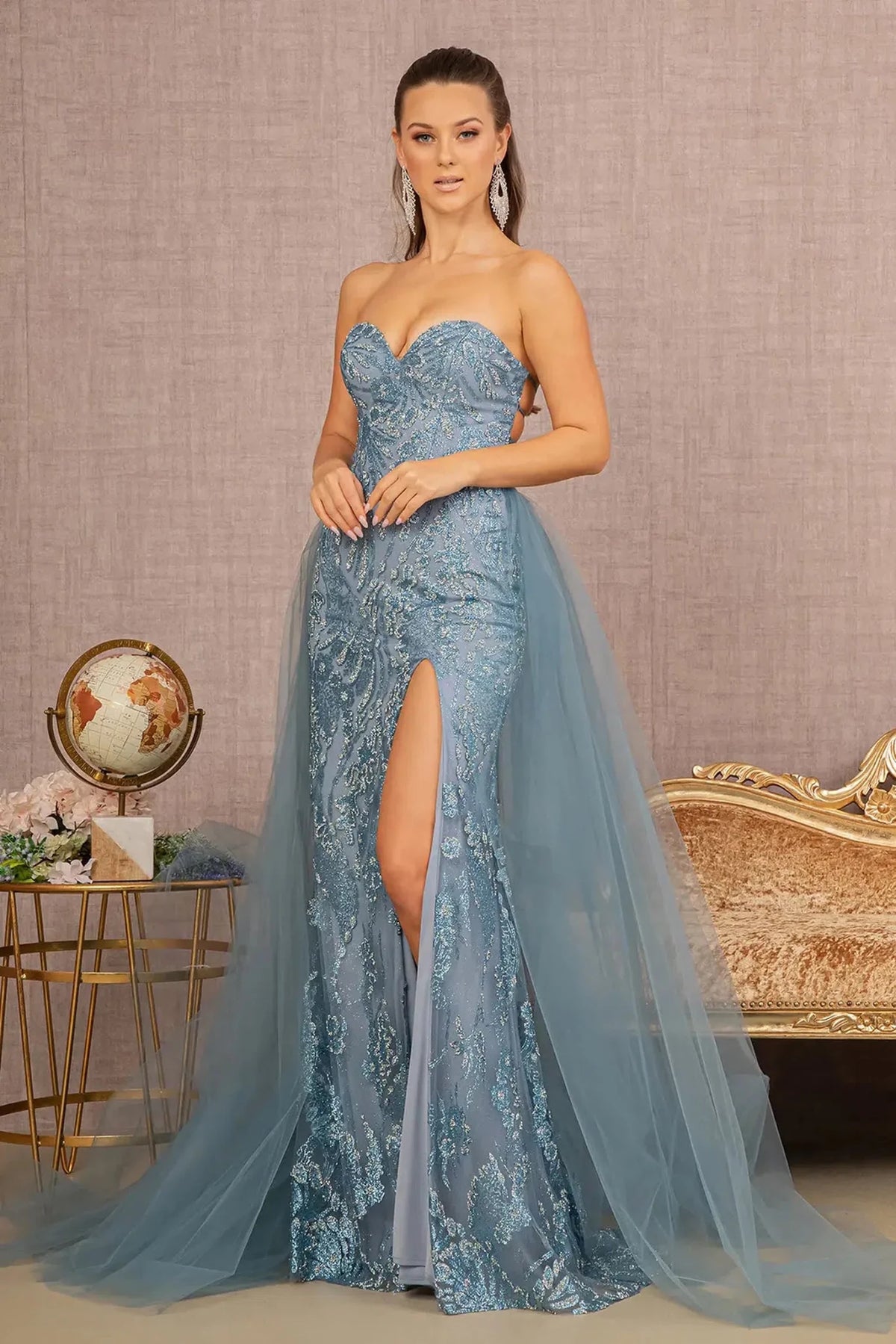 Smoky Blue prom evening dress full back with lace-up back