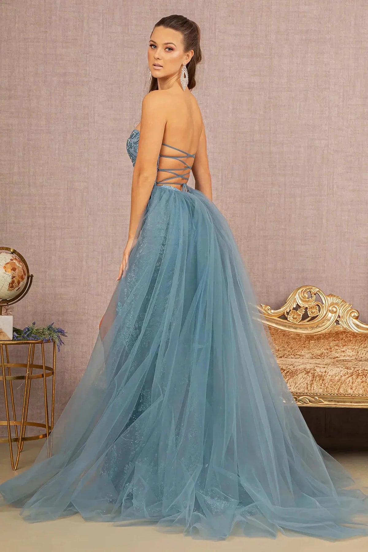 Smoky Blue halter prom evening dress upper front with glitter, jewel