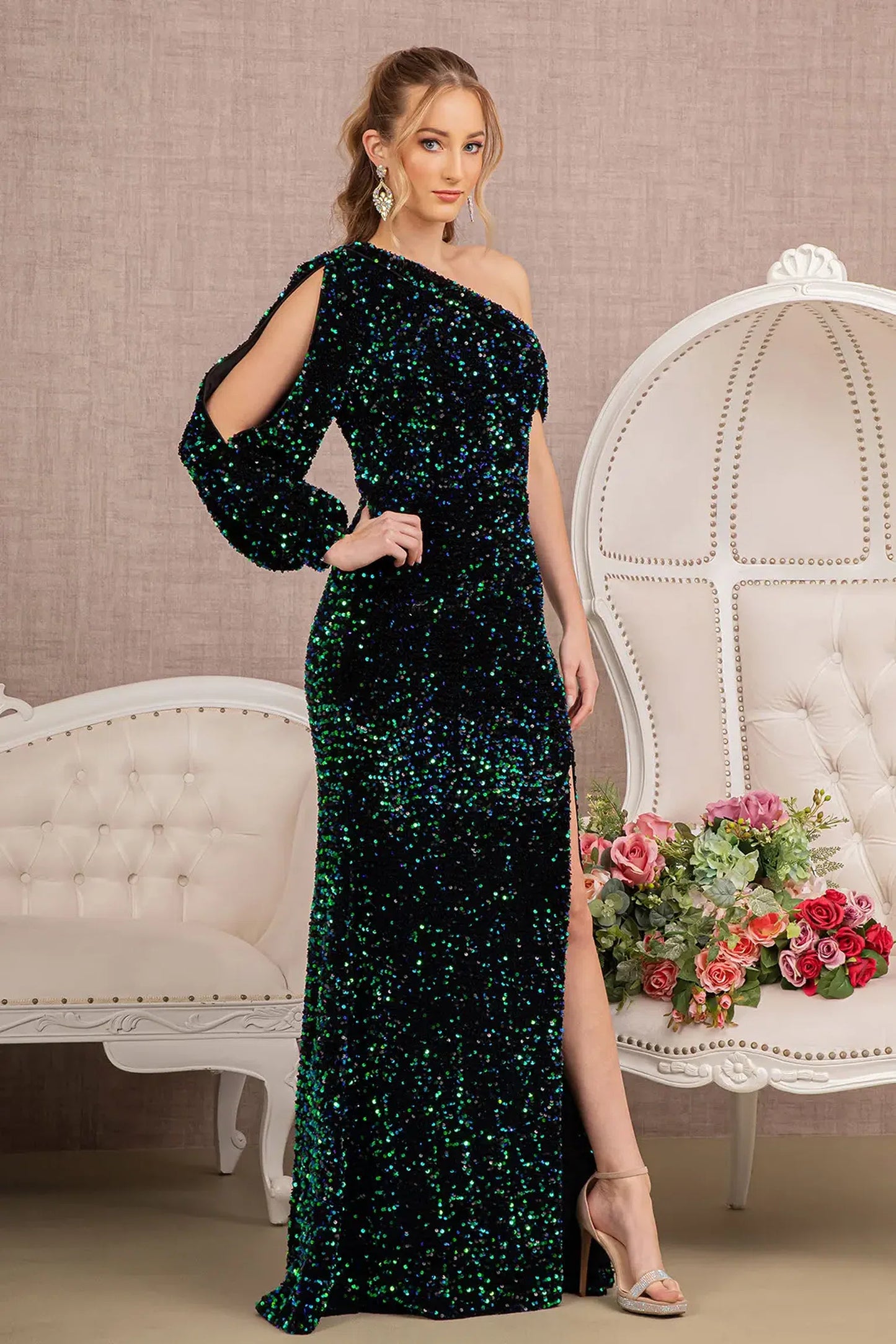 Green velvet mermaid mother of the bride dress with asymmetric