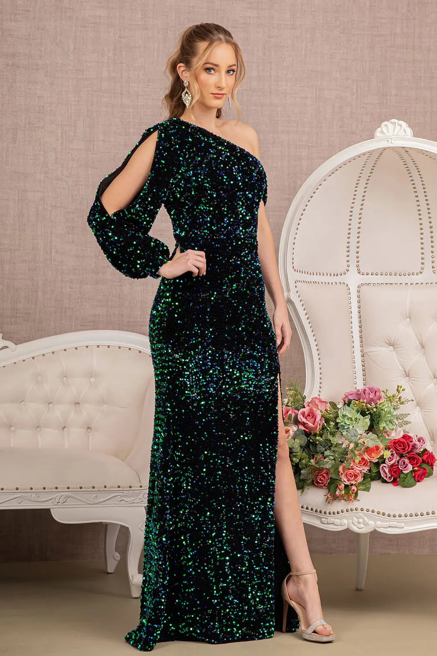 Green velvet mermaid mother of the bride dress with asymmetric