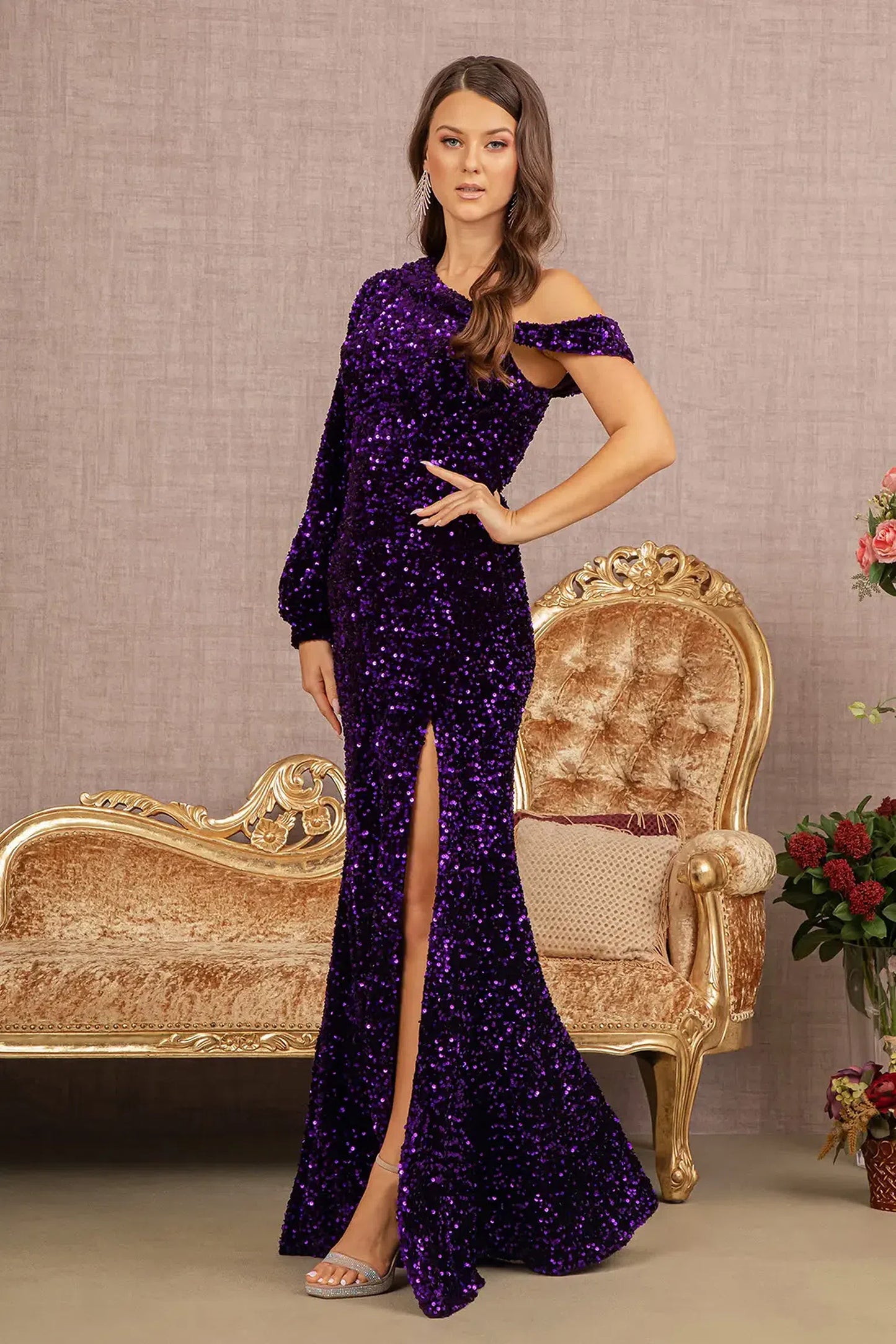 Purple mother of the bride dress featuring open back bodice finished with sequin