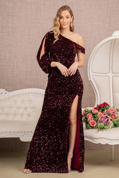 Detailed view highlights wine velvet mermaid mother of the bride dress with asymmetric.