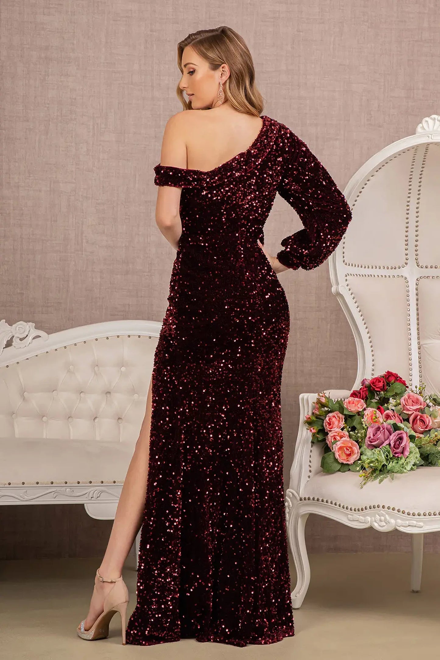 Wine mermaid mother of the bride dress with open back and one shoulder