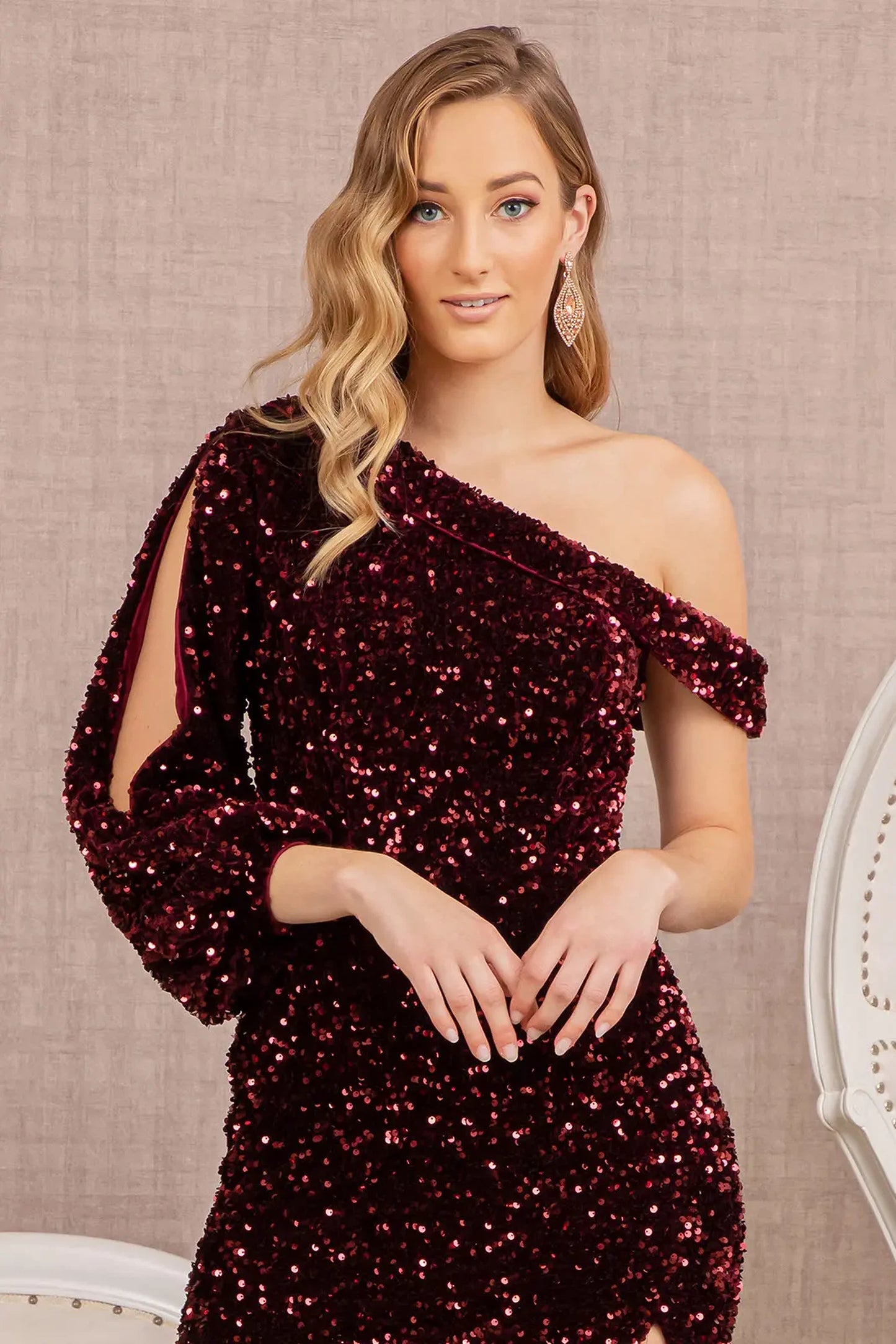 Wine mother of the bride dress featuring asymmetric bodice with one shoulder and sequin