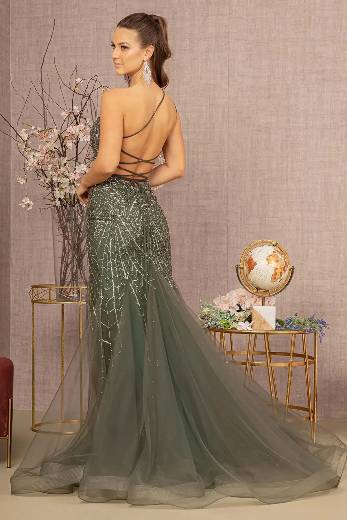 Green asymmetric prom evening dress upper front with glitter