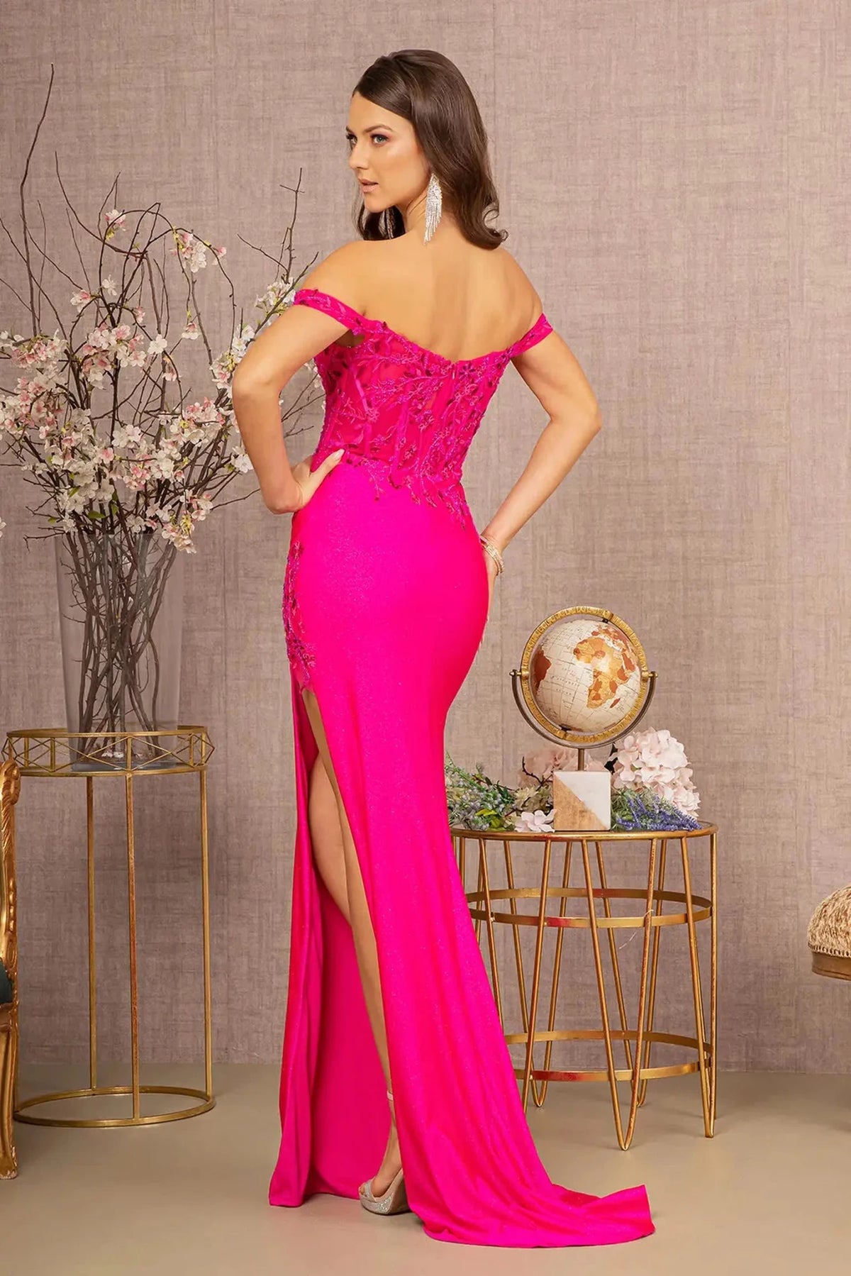 Fuchsia prom evening dress full back with open back