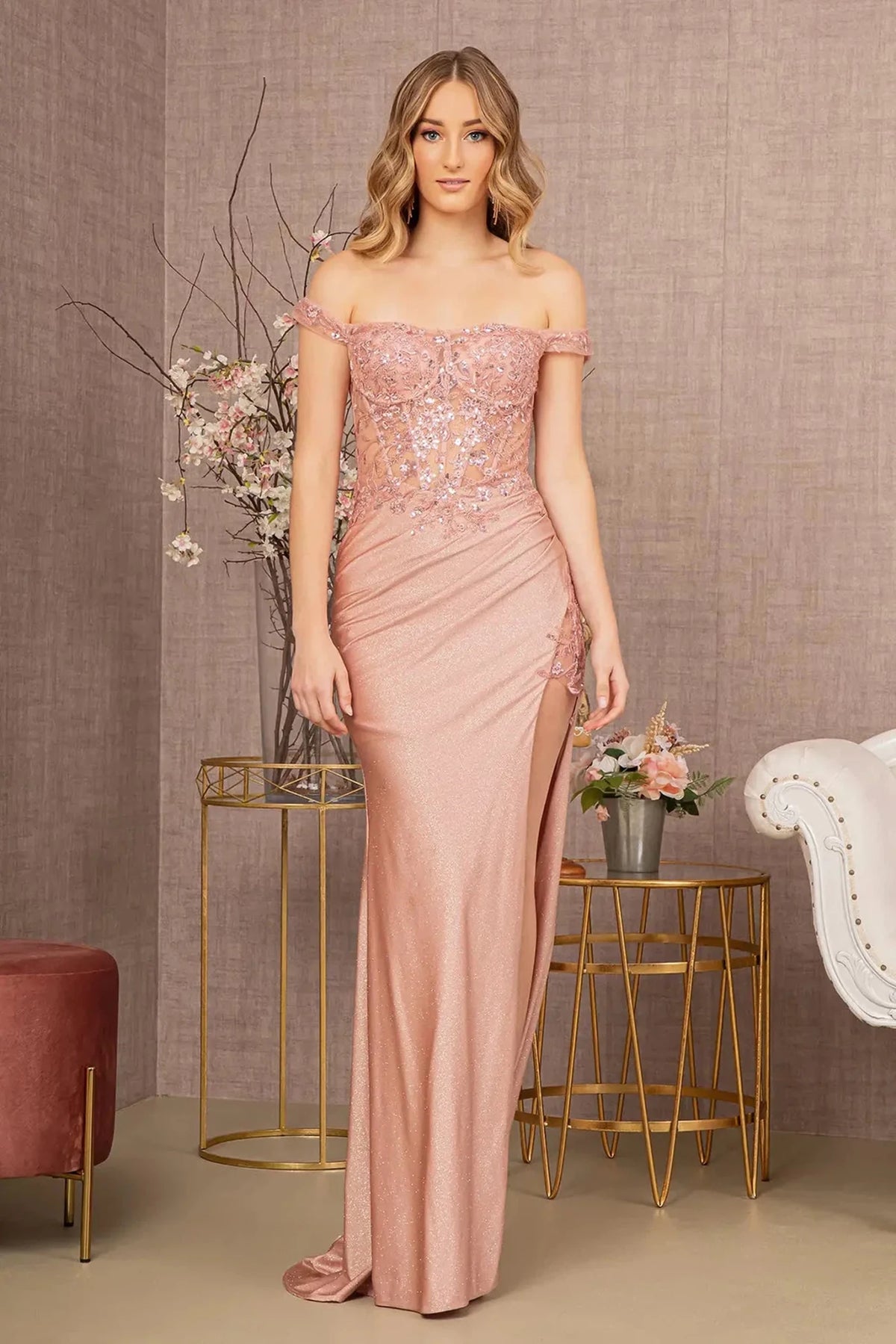 Rose Gold embroidered off-shoulder prom evening dress full front