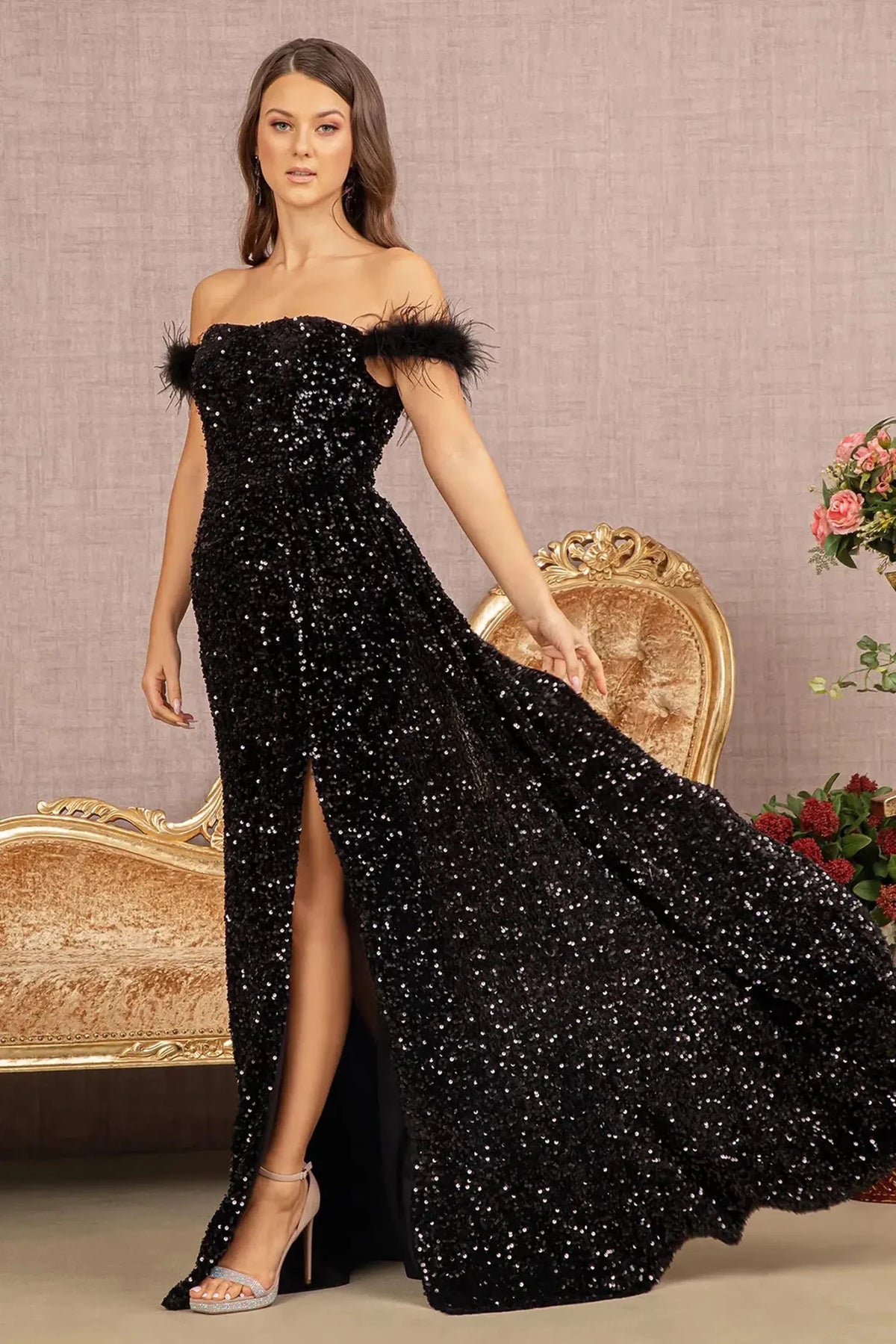 Black feather-trimmed off-shoulder prom evening dress full front