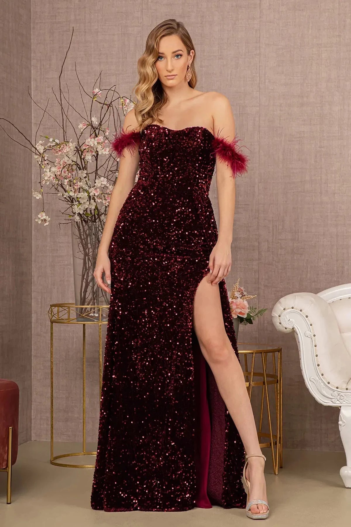 Wine feather-trimmed off-shoulder prom evening dress full front