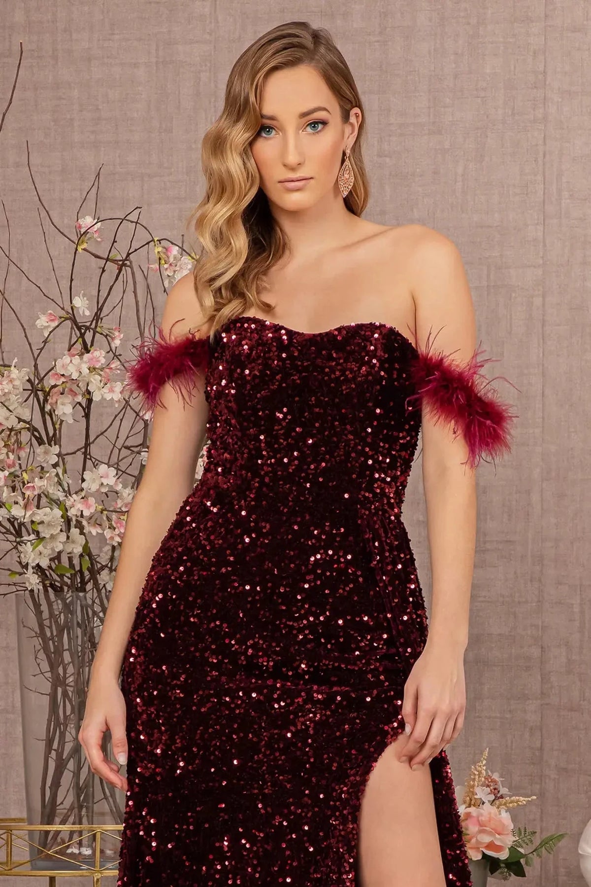 Wine sweetheart prom evening dress upper front with feather, sequin