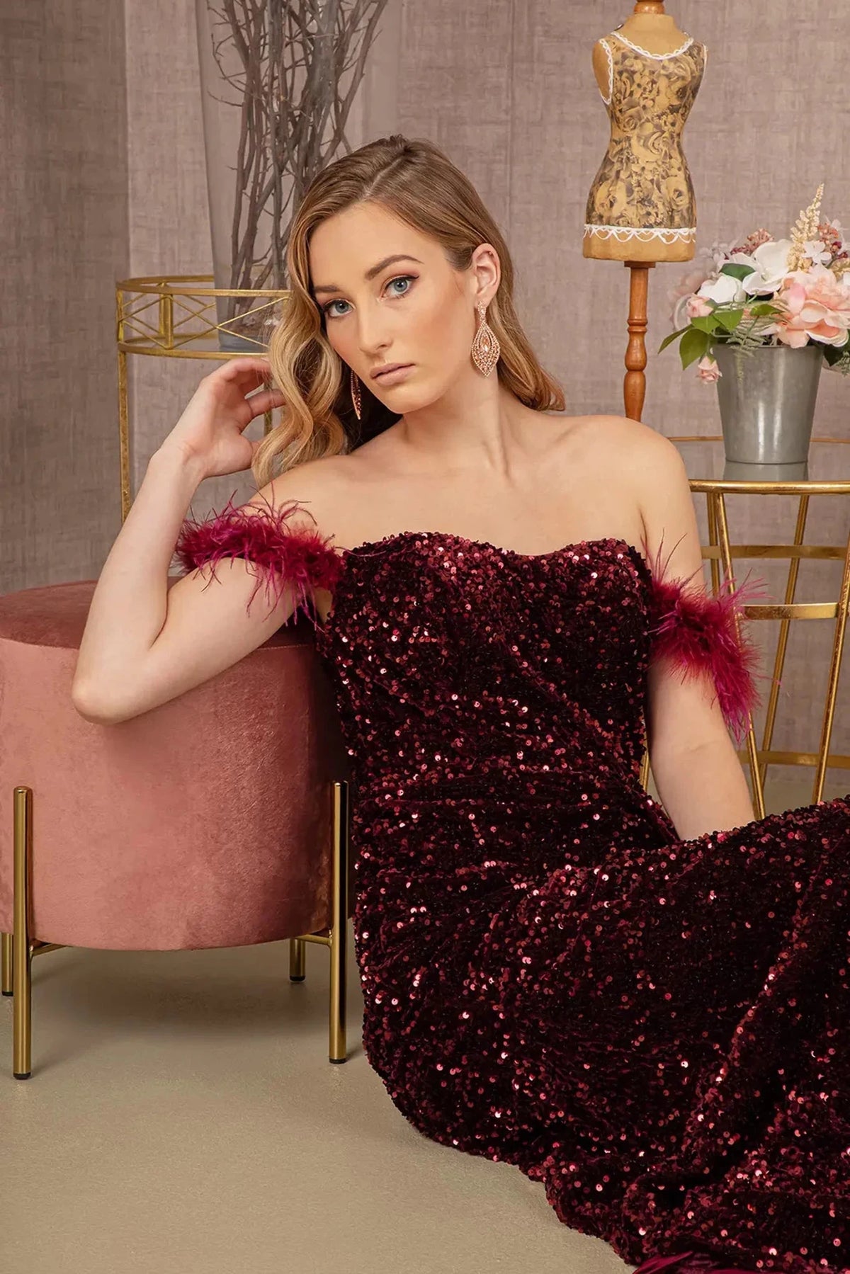 Wine prom evening dress mermaid skirt detail