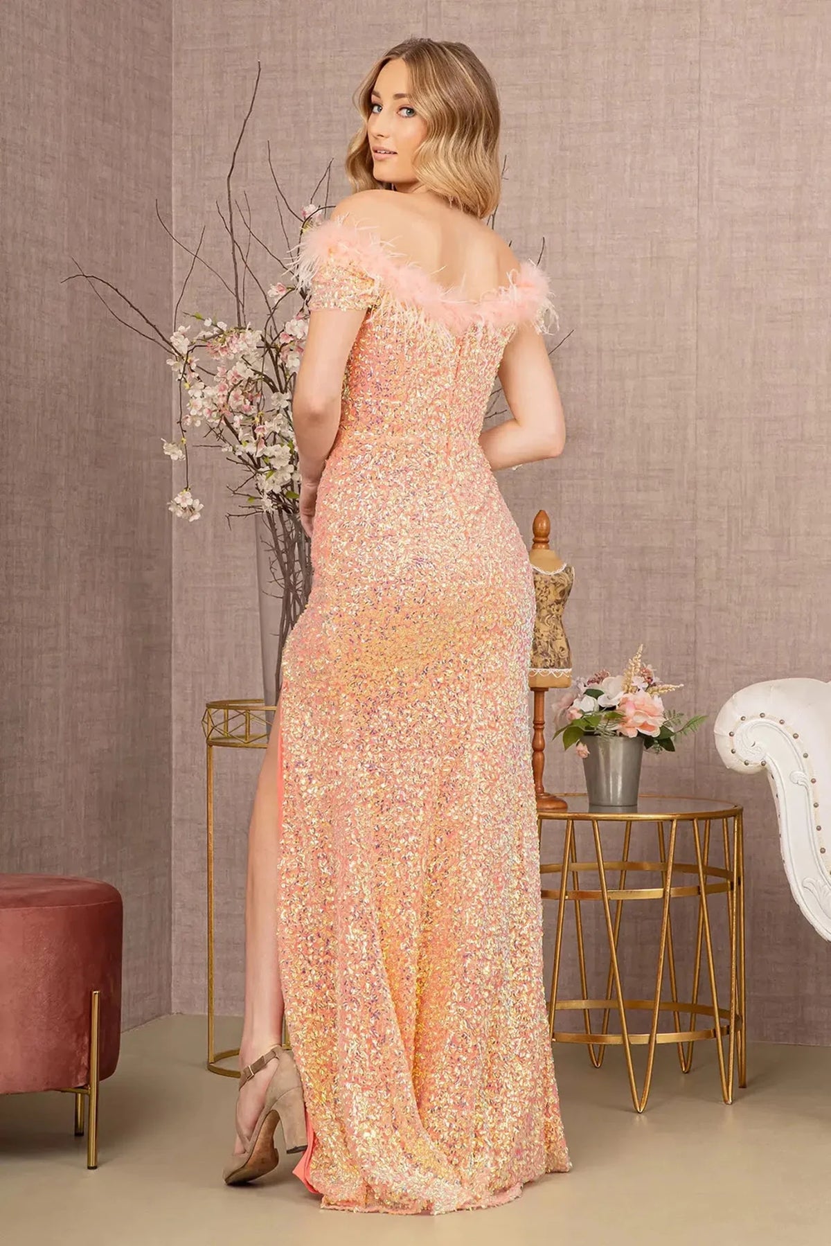 Coral prom evening dress full back with open back