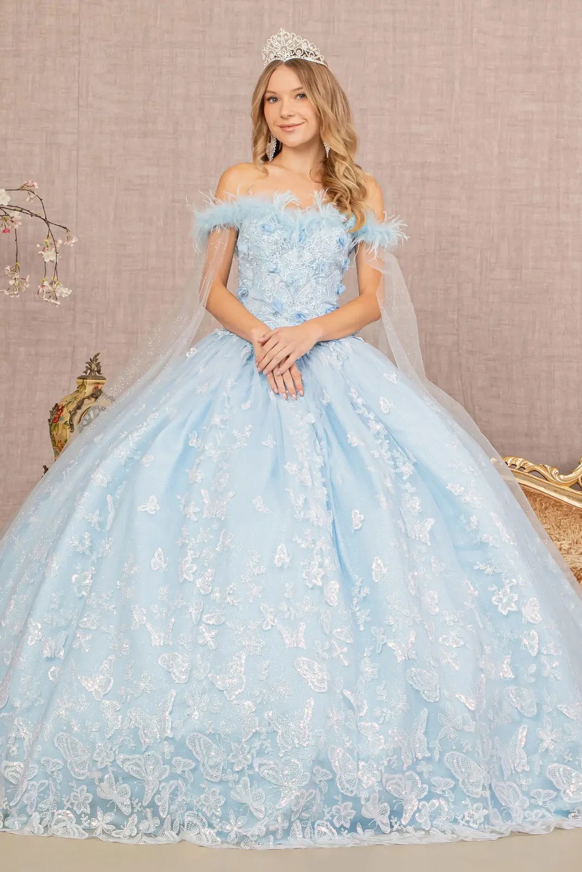 Lace-up back reveals the Baby Blue quinceañera ball gown with lace-up back and detachable mesh drape.