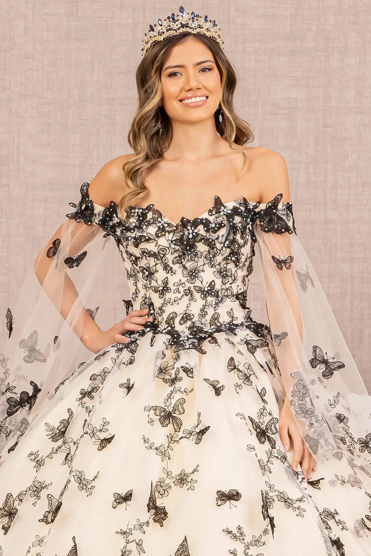 Full-length view presents the Champagne/Black quinceañera ball gown with 3d butterfly appliqués.