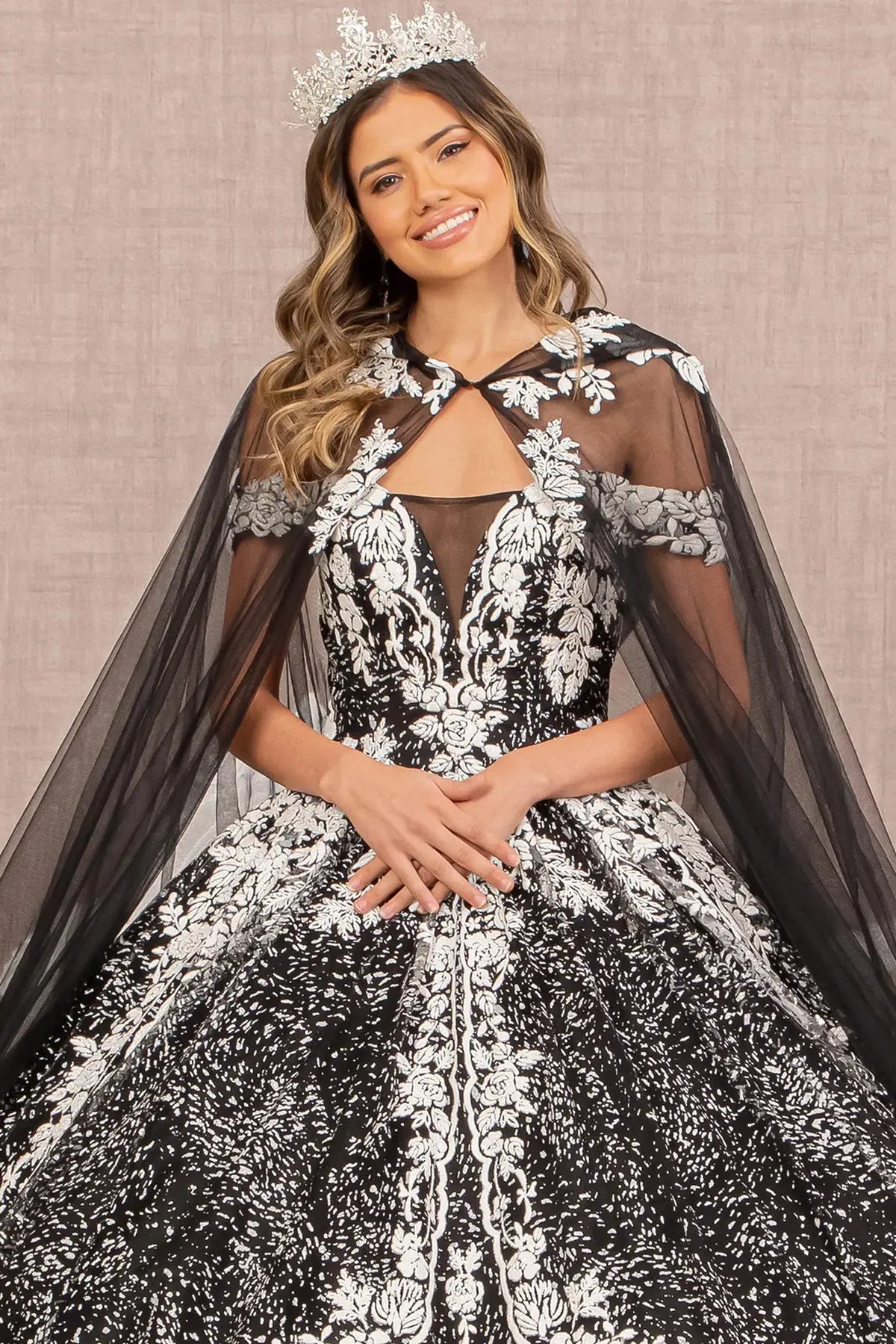 Full-length view presents the Black/White quinceañera ball gown with hooded mesh cape.
