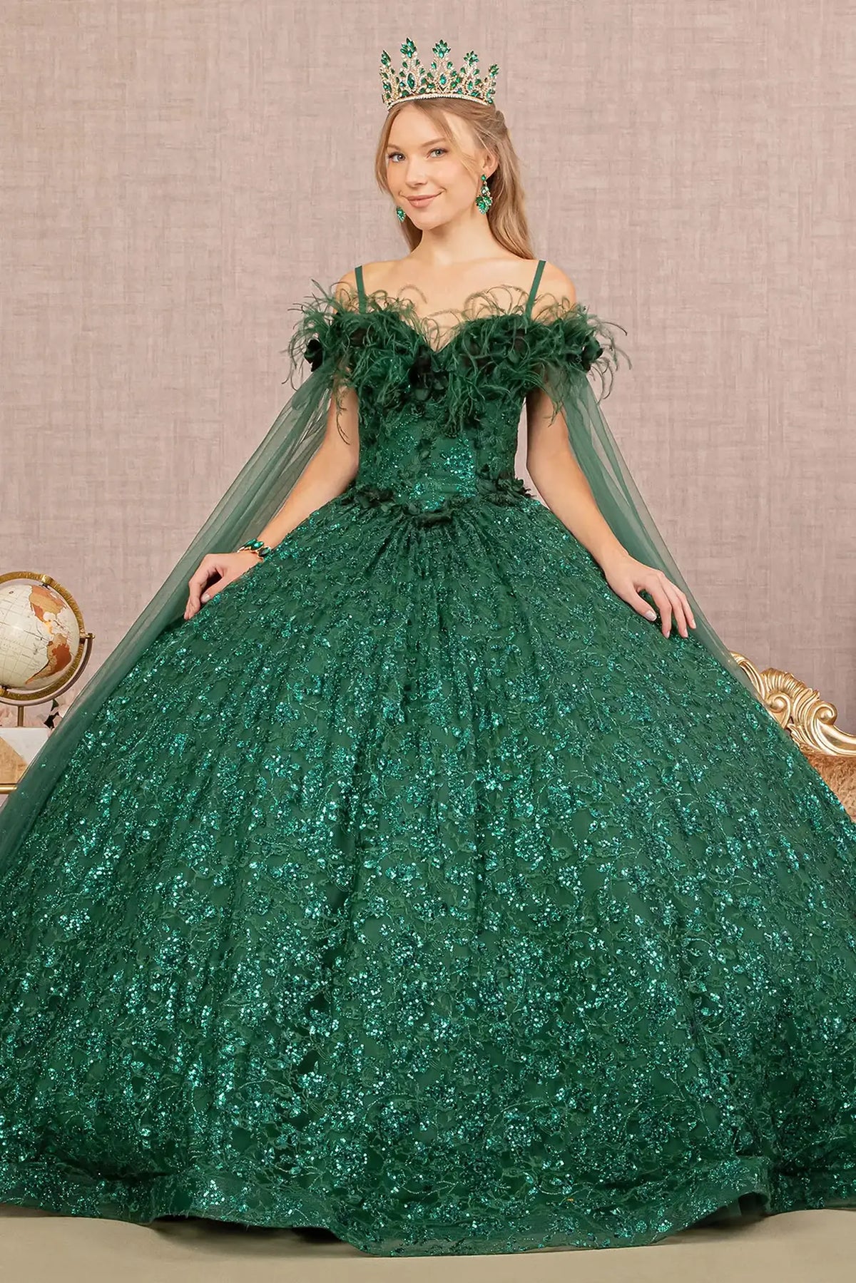 Lace-up back reveals the Green quinceañera ball gown with lace-up back and detachable mesh drape.