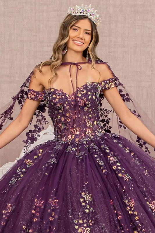 Full-length view presents the Purple quinceañera ball gown with 3d butterfly appliqués.