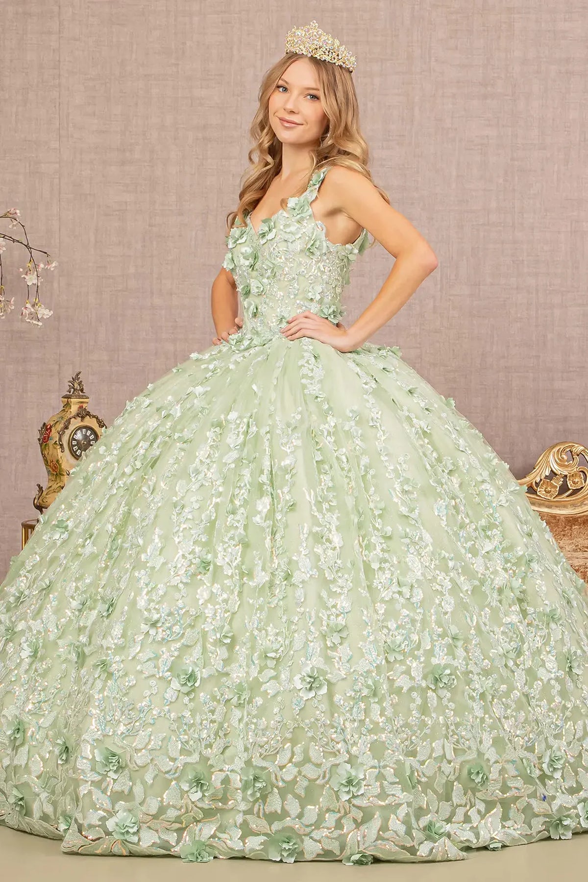 Lace-up back reveals the Sage quinceañera ball gown with lace-up back and jeweled bodice.