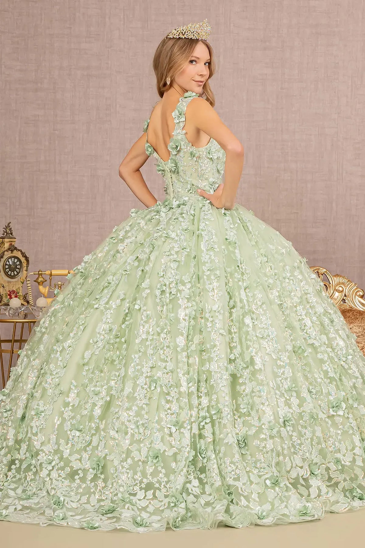 Bodice close-up highlights the Sage quinceañera ball gown with jeweled bodice.