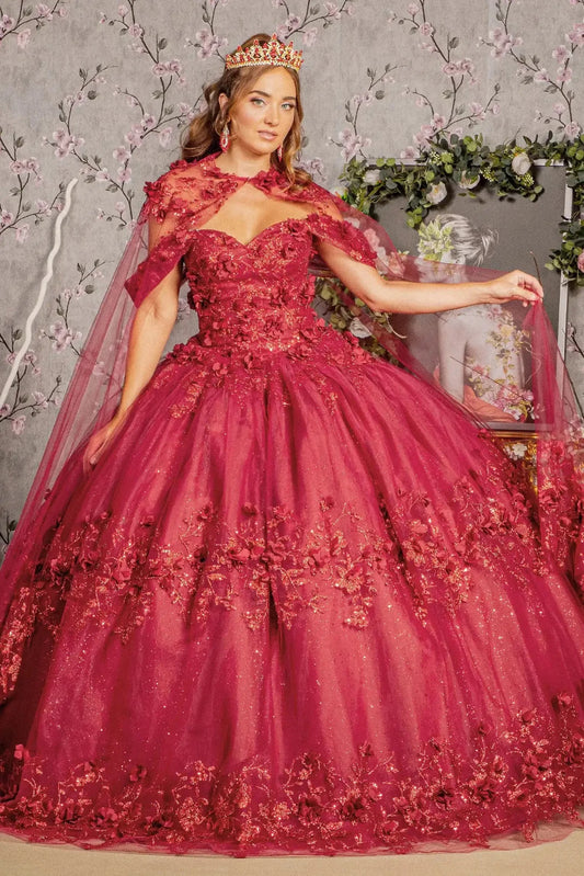 Full-length view presents the Burgundy quinceañera ball gown with long mesh cape.