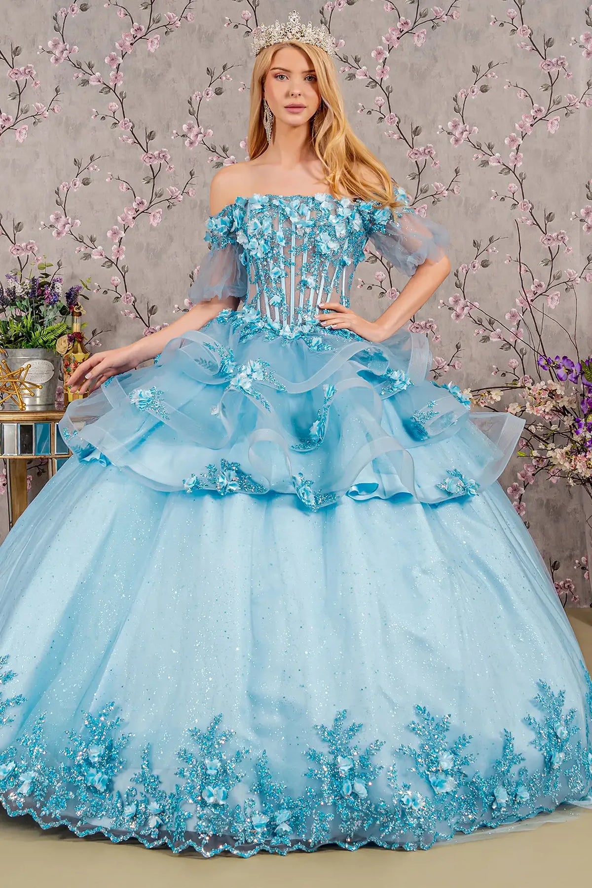 Lace-up back reveals the Baby Blue quinceañera ball gown with lace-up back and 3d floral appliqués.