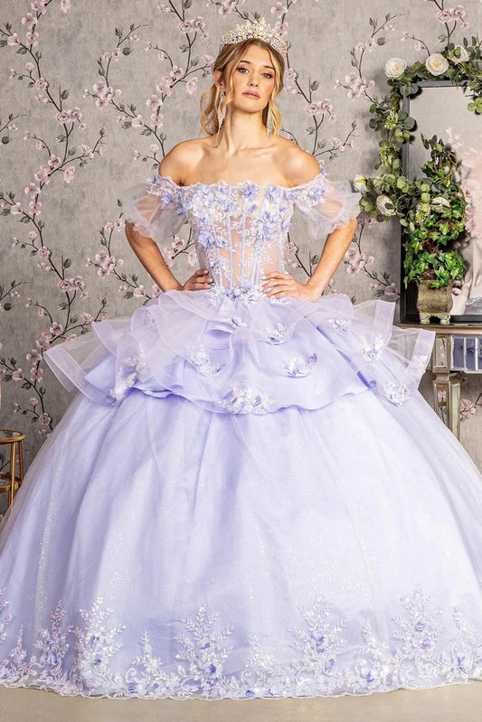 Full-length view presents the Lilac quinceañera ball gown with ruffled skirt.