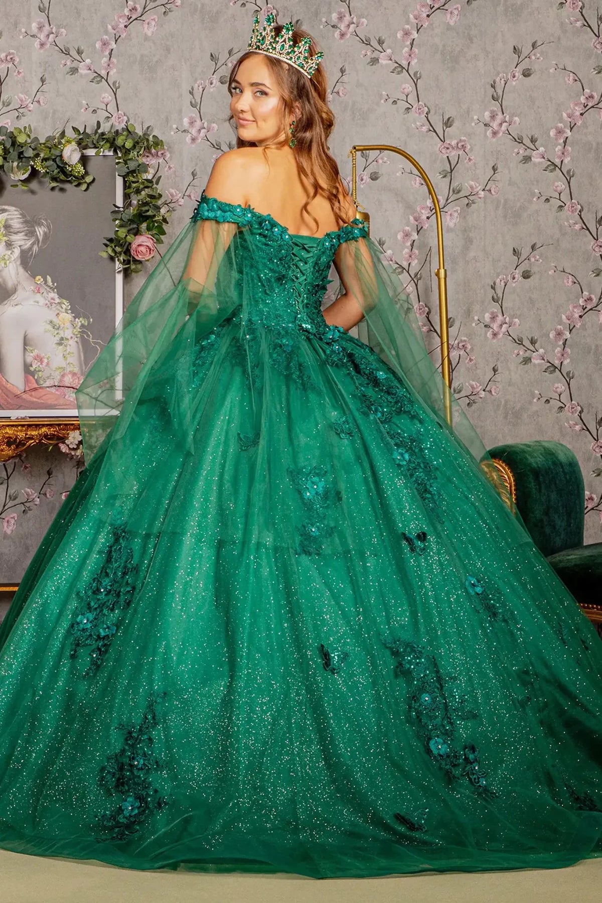 Lace-up back reveals the Hunter Green quinceañera ball gown with lace-up back and jeweled glitter mesh.