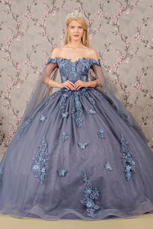 Lace-up back reveals the Smoky Blue quinceañera ball gown with lace-up back and jeweled glitter mesh.