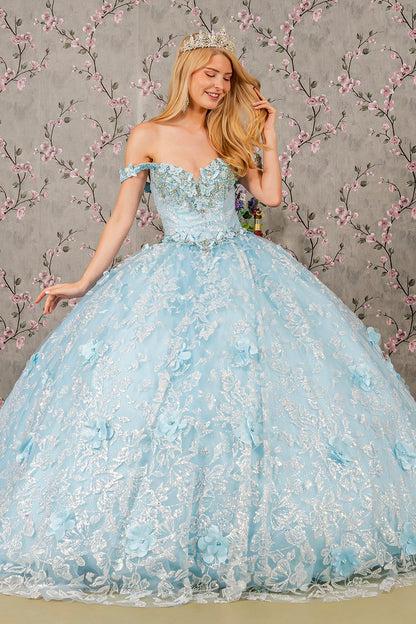 Quinceañera | Blue Ball Gown with 3D Butterfly Appliques, Jewels, and Sequins | Casandra dress front view