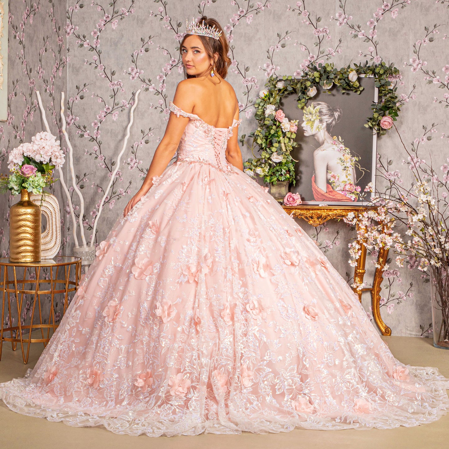 Quinceañera | Blush Ball Gown with 3D Butterfly Appliques, Jewels, and Sequins | Casandra dress back view