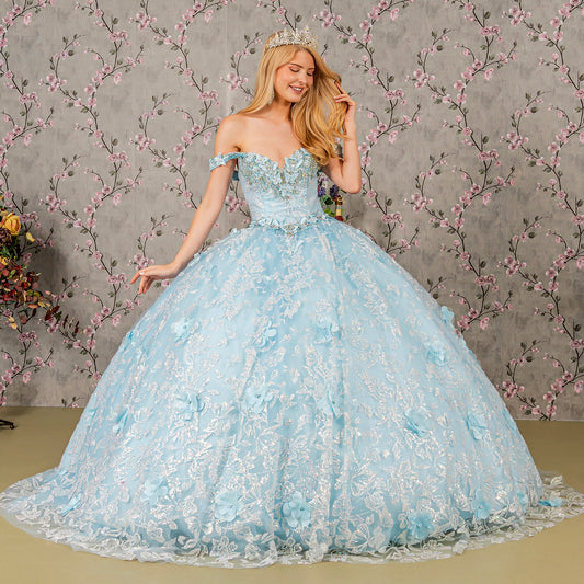 Quinceañera | Blue Ball Gown with 3D Butterfly Appliques, Jewels, and Sequins | Casandra dress front view
