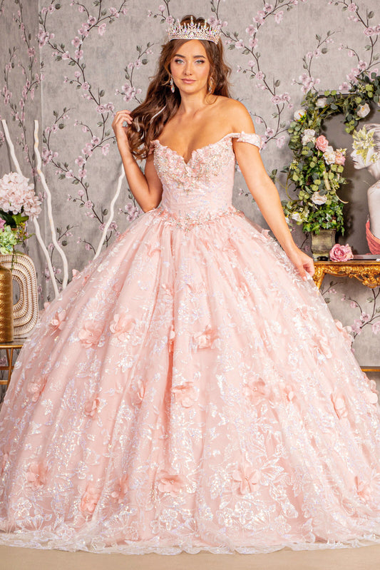 Quinceañera | Blush Ball Gown with 3D Butterfly Appliques, Jewels, and Sequins | Casandra dress front