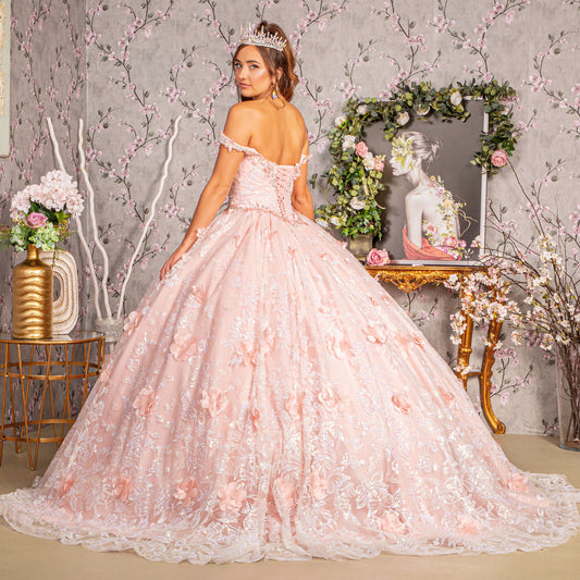 Quinceañera | Blush Ball Gown with 3D Butterfly Appliques, Jewels, and Sequins | Casandra dress back view