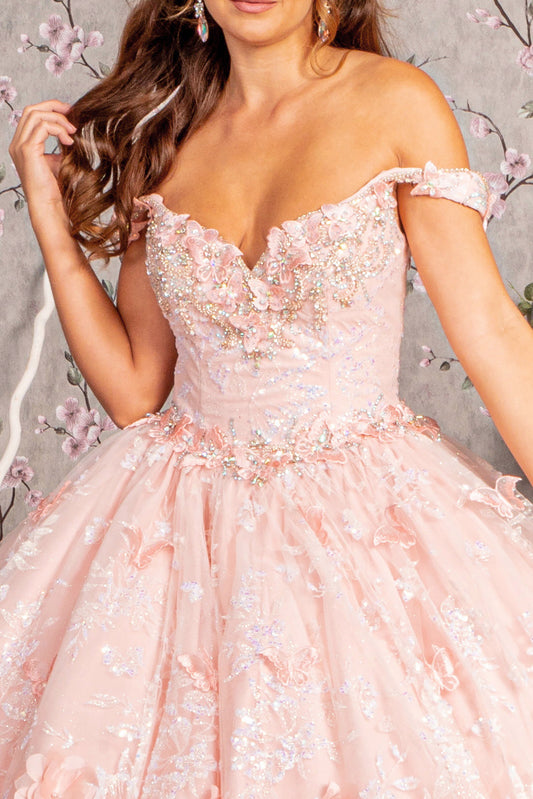 Quinceañera | Blush Ball Gown with 3D Butterfly Appliques, Jewels, and Sequins | Casandra dress back zoom