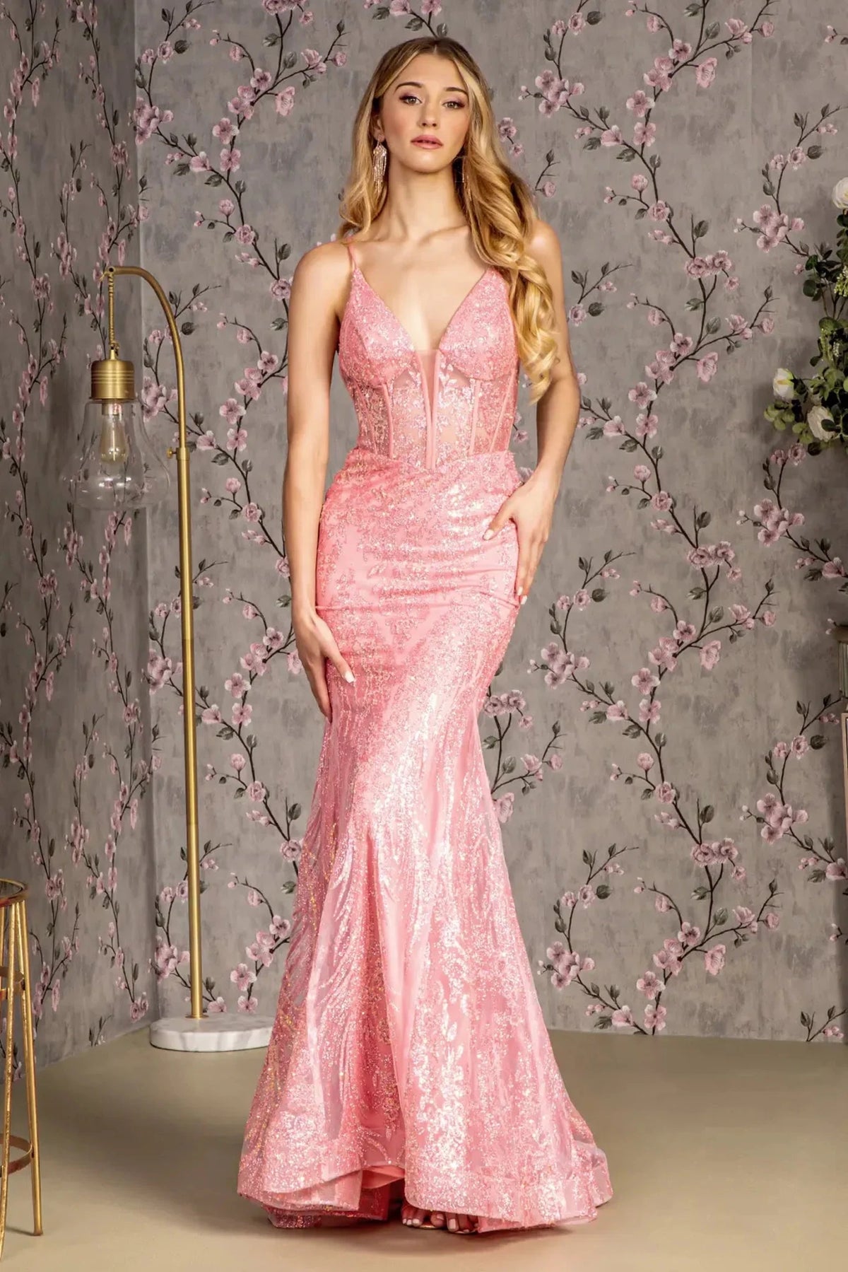 Coral sequin prom evening dress full front