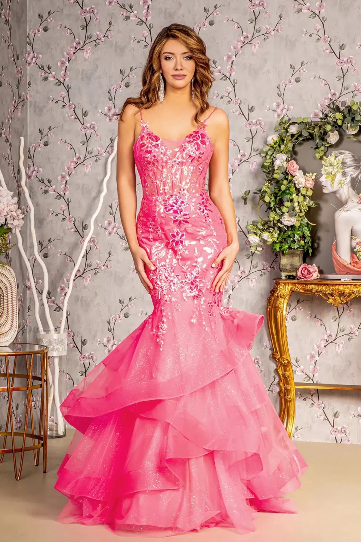 Hot Pink sequin prom evening dress full front