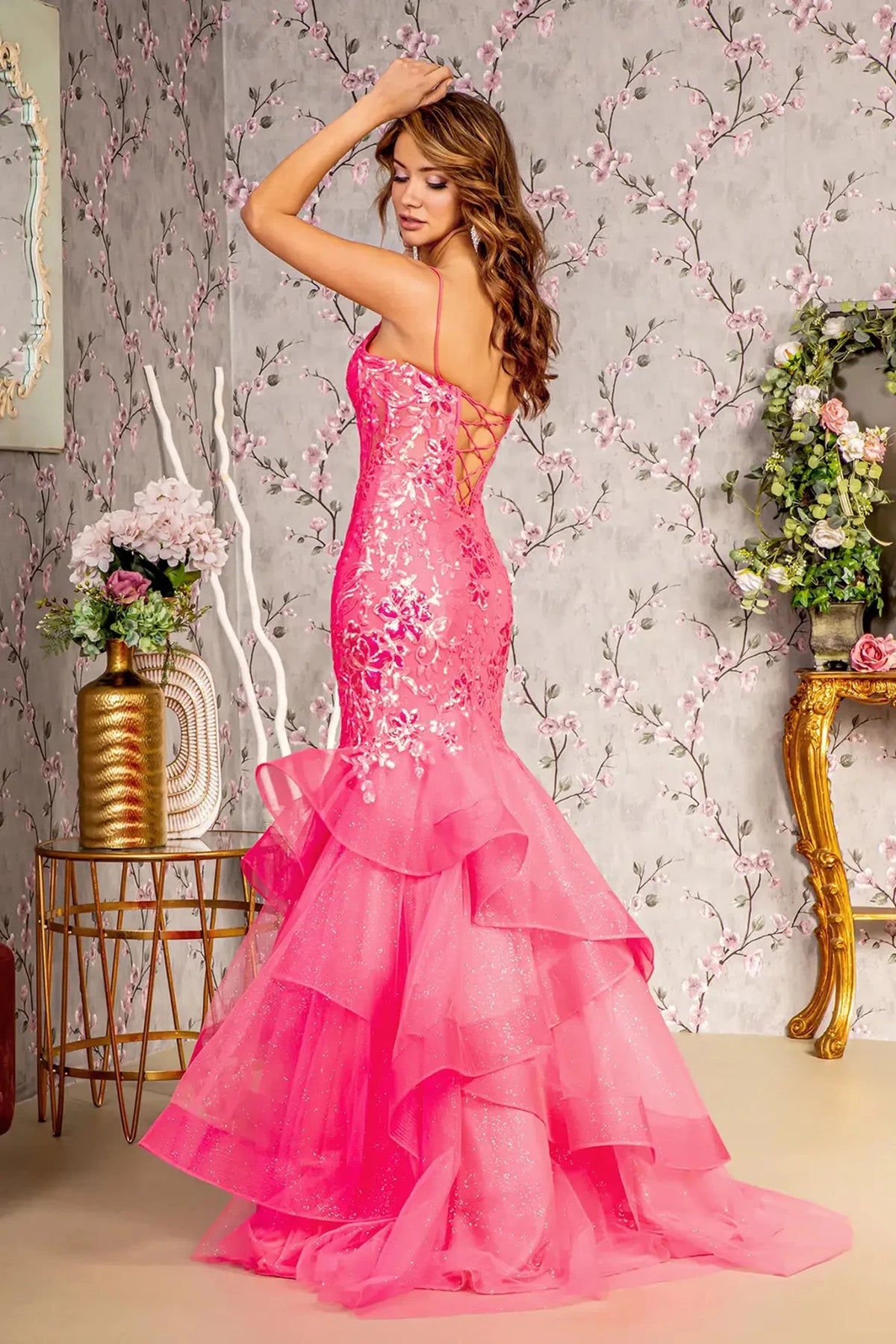 Hot Pink prom evening dress full back with lace-up back