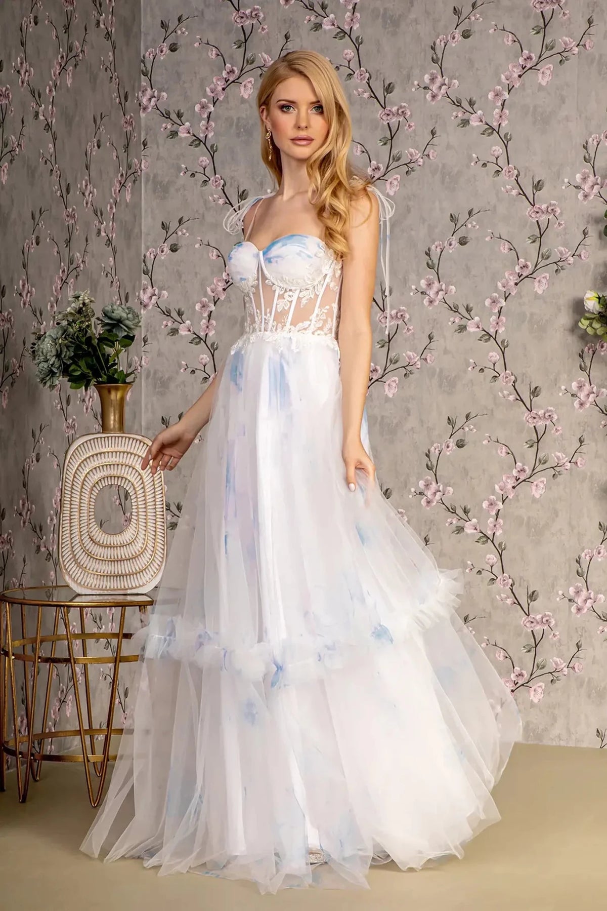 Ivory embroidered prom evening dress full front