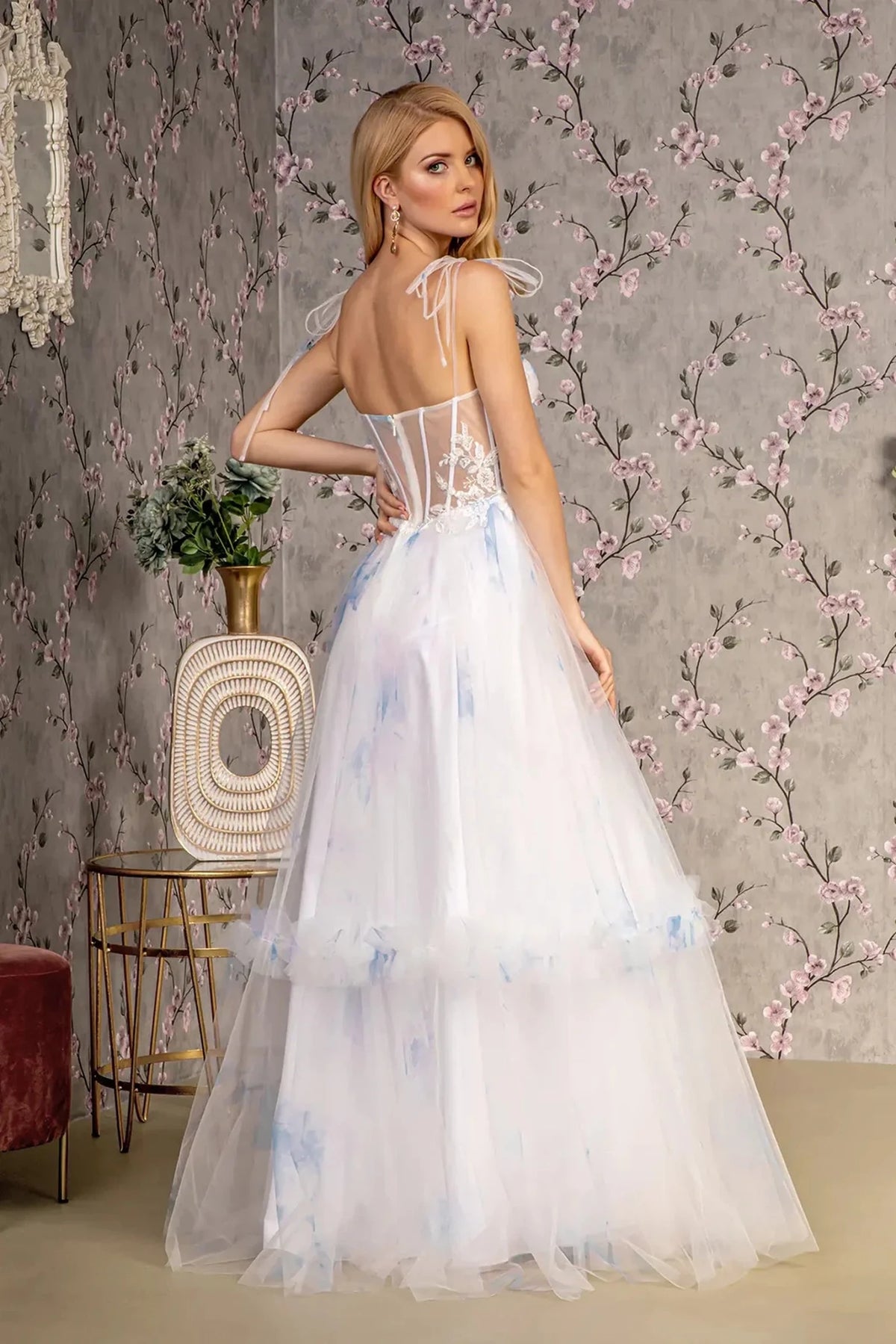 Ivory prom evening dress full back with open back