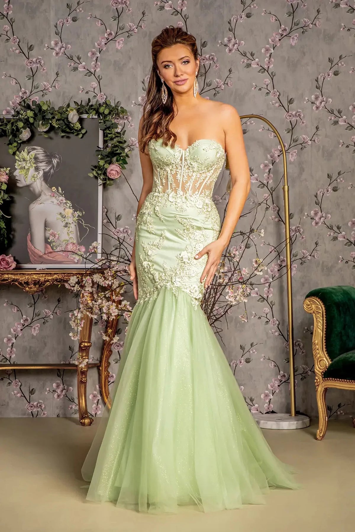 Light Green appliqué strapless prom evening dress full front
