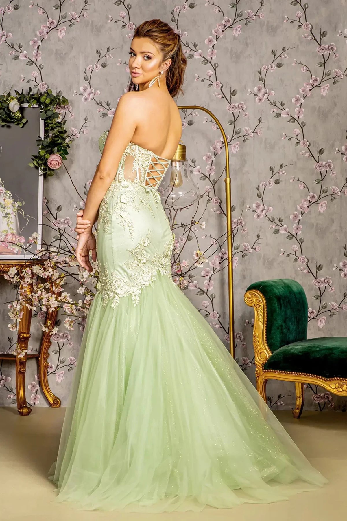 Light Green prom evening dress full back with lace-up back