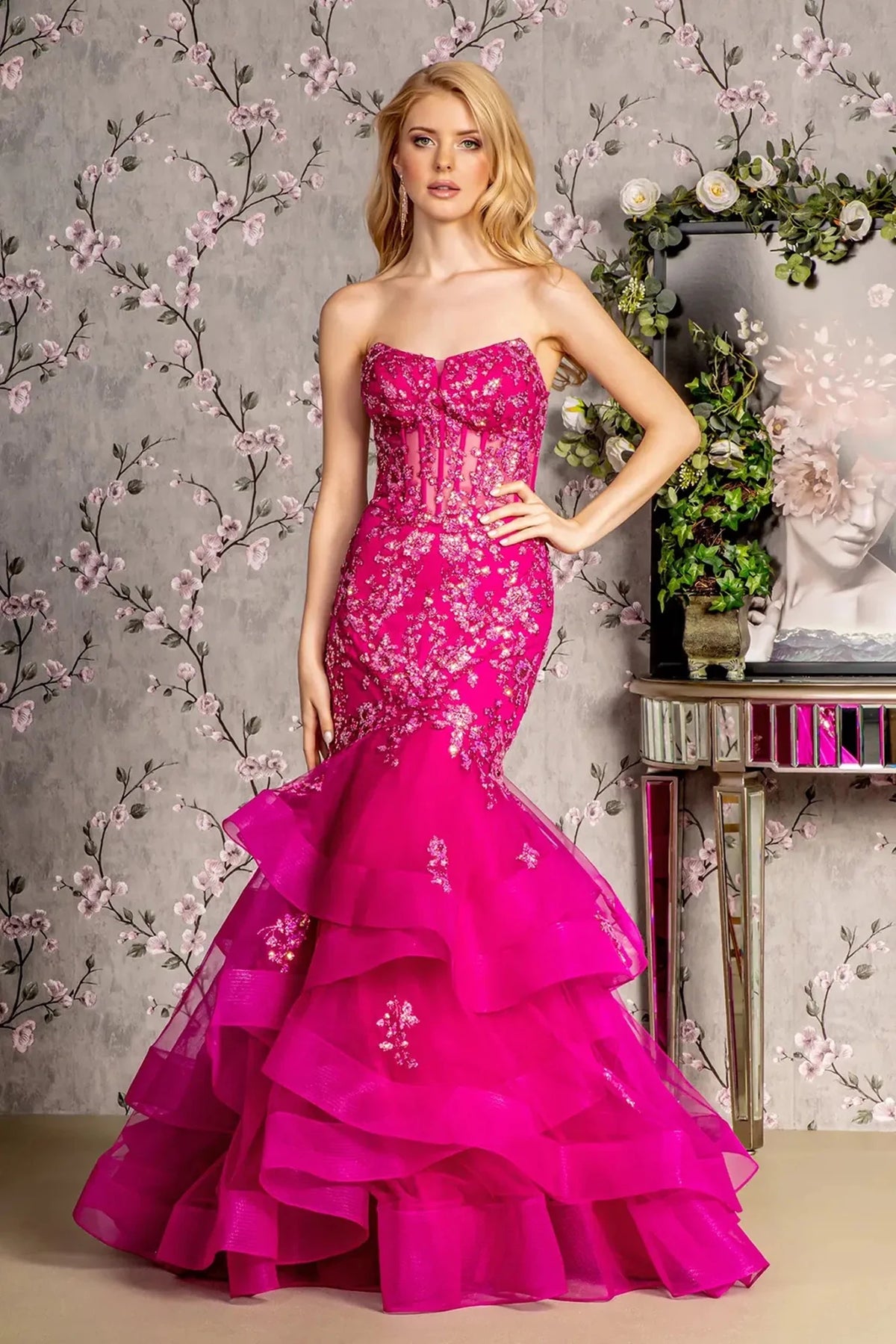 Magenta sequin strapless prom evening dress full front