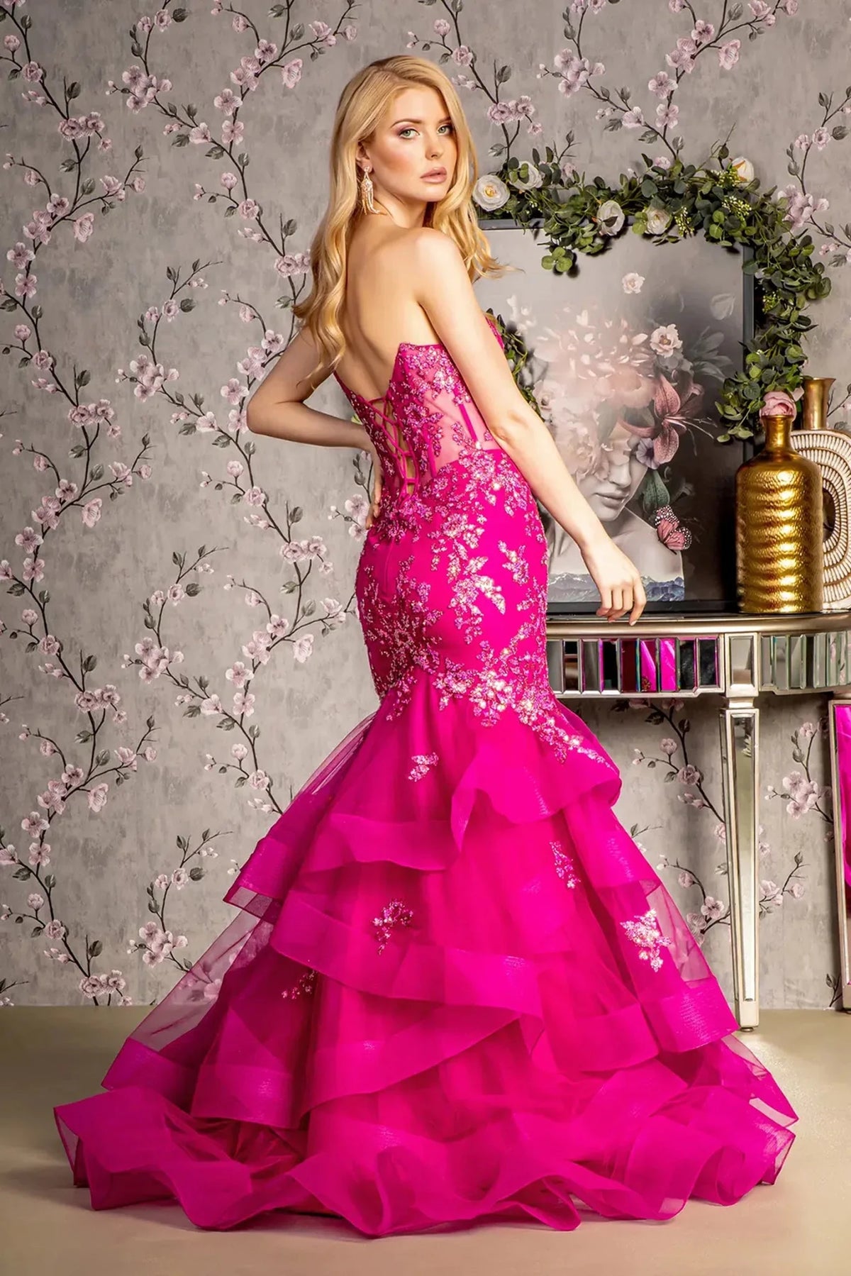Magenta prom evening dress full back with lace-up back